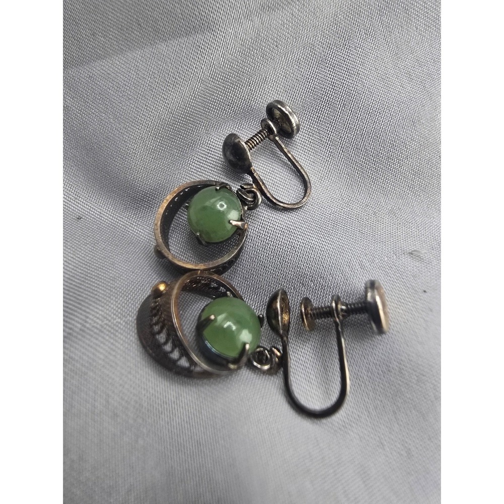Vintage Sorrento Earrings Green Filigree Sterling Silver Screw Back 0.75in